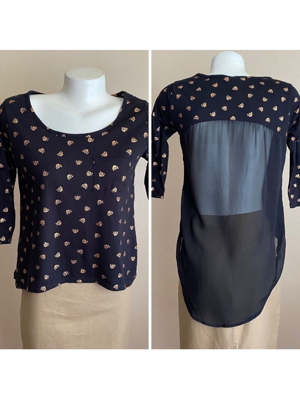 Next Era Couture M Black Gold Skulls Short Front Long Sheer Back Dressy Goth Top